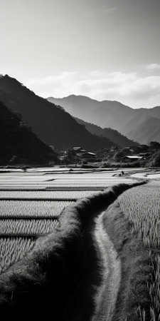 a black and white photograph captures a serene dirt track winding through a picturesque rice paddy. the image showcases harmonious color fields and traditional craftsmanship, while also highlighting the beauty of mountainous vistas. the layered and atmospheric landscape, captured with a nikon af600, exudes a sense of tranquility. the intricate weaving of elements reflects shige's visual aesthetic style. ai generatedの素材