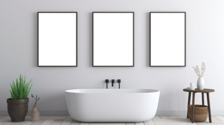 three abstract white framed frames are positioned in front of a tub in a bathroom, creating a minimalist aesthetic. the light gray and black color scheme complements the minimalist sketches within the frames. this high-resolution image is perfect for multiple screens and has won a contest. the white background adds to the overall clean and modern feel. ai generatedの素材