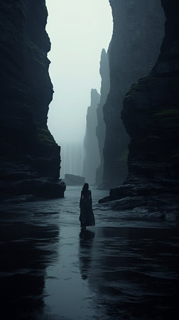 a man stands in the water, surrounded by a dark and mystical terrain. this matte painting style photo captures the essence of mallgoth aesthetics, with its sheet film-like quality. the light-filled landscapes add a touch of sculpted beauty to the scene, creating a sense of quiet contemplation. ai generatedの素材