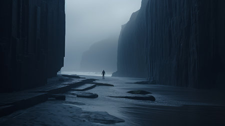 a man stands on the edge of a dark cave on an abandoned island, reminiscent of jessica rossier's simplicity and monochromatic color palettes. the scene captures the essence of even mehl amundsen's lively coastal landscapes, with shades of gray and blue. the photo is rendered in cinema4d, evoking the cinematic style of roger deakins. ai generatedの素材