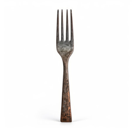 a wooden serving fork, reminiscent of 19th-century american art, is showcased on a white background. the fork, crafted with intricate textures, exudes a patinated and oxidized appearance. rendered in cinema4d, this dark silver utensil embodies the unique style of vernacular photography and the emerging genre of meatpunk. ai generatedの素材