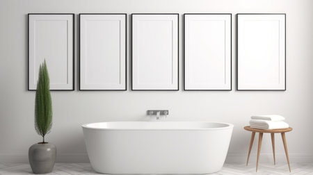 a white bathtub is featured in this contemporary bathroom, adorned with white poster frames on the walls. the spa-like atmosphere is enhanced by the minimalist backgrounds and precisionist lines. this high-quality, uhd image was captured with a nikon d750, showcasing elongated shapes and rounded elements. creative commons attribution is required for use. ai generatedの素材