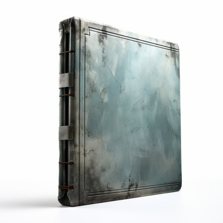 a stone grey metallic square book 3d box with a textured cover is showcased on a white background. the box resembles post-apocalyptic ruins, featuring concept art and realistic blue skies. this unique piece can be seen as historical documentation and is beautifully sculpted. ai generatedの素材