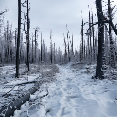 snow-covered ground surrounds a group of dead trees, creating an eerie landscape captured with the carl zeiss distagon t 15mm f/2.8 ze lens. this uhd image, reminiscent of national geographic photos, showcases a sublime wilderness. the burnt and charred trees stand out against the light indigo and gray tones, adding to the haunting beauty of the scene. ai generatedの素材