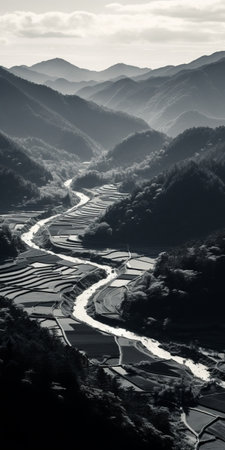 a mesmerizing national geographic photo captures the ethereal beauty of a river flora. the misty fields, bathed in twilight, create a mystical atmosphere. inspired by shohei otomo's style, the image showcases wavy lines and organic shapes. monochromatic shadows add depth to the mountainous vistas, while sunrays delicately illuminate the scene. shot with a leica r3, this photograph is a stunning blend of nature and artistry.の素材