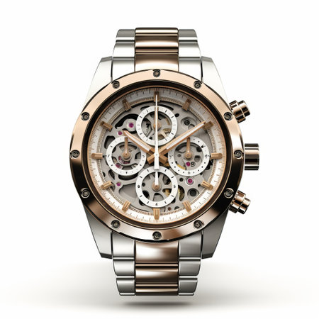 a rose gold metal bracelet skeleton men's watch is showcased on a white background. the watch features a logo on the dial and embodies the creative commons attribution style. influenced by vfxfriday and john wilhelm, this watch combines elements of silver and gold, creating a symmetrical design. captured with spot metering, this timepiece represents the modernity of the 21st century. ai generatedの素材