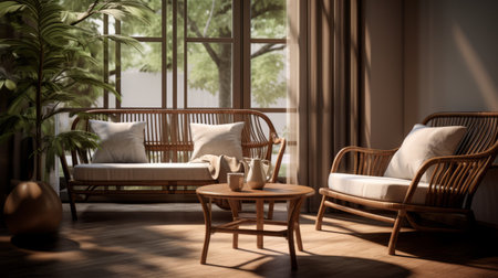 an open space with furniture and a tree, showcasing the traditional vietnamese style of vray tracing. this realistic portrayal of light and shadow highlights the beauty of the bentwood furniture, which is adorned in light amber and white tones. rendered in maya, this design exudes classic japanese simplicity. ai generatedの素材