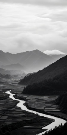 a black and white image titled "river" by jie zhang captures the serene coastal scenery of korea. this uhd photograph, inspired by the ssaku hanga style, showcases atmospheric imagery and nature-based patterns in a pastoral landscape. ai generatedの素材