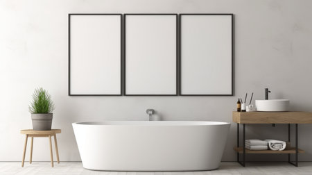 white bathtub with white frames, wooden divider, and flowerpot stand in a modern bathroom. this 3d mockup concept photo showcases a minimalist design with black paintings, multiple screens, and large canvas paintings. the award-winning composition is characterized by its sparse and simple aesthetic. the photo was taken with provia film, resulting in a subtle vignetting effect. ai generatedの素材