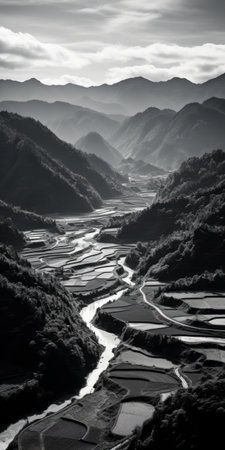 a black and white portrait of the kang river in nasa prefecture showcases the stunning japanese rice terraces and mountain valleys. the photo captures the dramatic play of light and shadow, with bold contrast and textural details. the post-processing enhances the coastal scenery, creating a distinct framing and high dynamic range. ai generatedの素材
