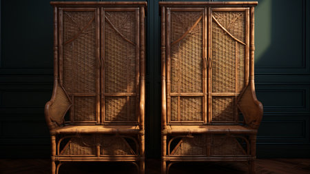 the rattan lounge chair is a 3d model that captures the essence of confessional style. it is showcased in an atmospheric environment with richly detailed backgrounds, including arched doorways. the uhd image highlights the intricate textures of the chair, designed by the talented artist sopheap pich. ai generatedの素材