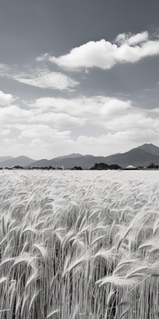 a black and white photograph capturing a picturesque field of wheat, reminiscent of japanese photography. shot with a fujifilm gw690iii camera, this national geographic photo showcases the beauty of mountainous vistas. the silver and gray tones create a painterly style, resulting in a realistic rendering of the scene. ai generatedの素材