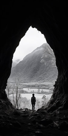 a man stands in a cave, framed by a majestic mountain in the background. this minimalist portrait captures the essence of japanese photography and the grandeur of scale. inspired by the brothers grimm and isaac cordal, the monochromatic landscape evokes a sense of awe. shot in stunning 8k resolution, this photo pays homage to the work of fujishima takeji. ai generatedの素材