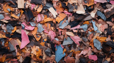 a pile of brown and orange colored rags creates a vibrant background, reminiscent of light pink and dark azure hues. this site-specific installation features colorful woodcarvings with leaf patterns, inspired by the naturalist aesthetic. the artwork pays homage to johannes itten's synchromism. ai generatedの素材