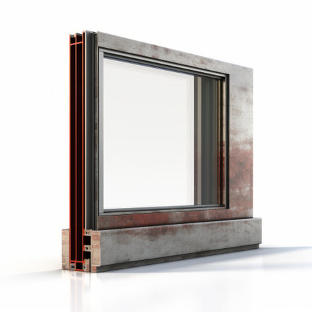 a window displaying a striking combination of red and black colors, showcasing the distinctive aesthetics of reinforced concrete construction. captured in high-resolution 8k 3d, the light silver and bronze accents enhance the visual appeal. the focus is on the materials used, including duckcore and caffenol developing techniques. the window stands against a clean white background, emphasizing its unique design. ai generatedの素材