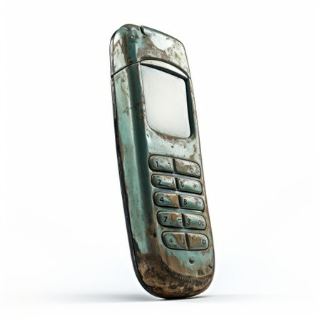 an old rusty phone with a battery inside, featuring a realistic impression in the style of jean nouvel. the phone showcases a dark emerald and light azure color scheme, with a creased and streamlined design. its elongated shape and kimoicore technology add to its unique appeal. ai generatedの素材
