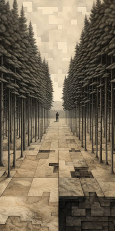 a slithering path winds through a dense forest, its trees forming a mesmerizing pattern reminiscent of cubist geometries. this captivating scene, captured in 8k resolution, combines elements of victorian-inspired illustrations, grisaille technique, and forced perspective. the reimagined religious art adds a touch of mystique, while the somber mood sets a contemplative tone. ai generatedの素材