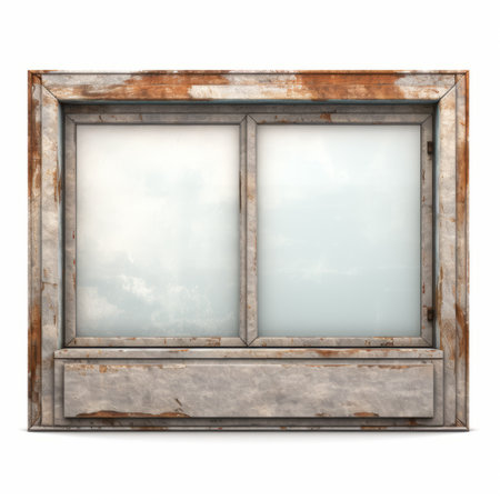 isolated old window with grunge shutters on a white background. rendered in cinema4d, this site-specific installation captures an ethereal post-apocalyptic atmosphere. the combination of glass as a material, weathered wood, and the contrasting colors of orange and gray create a visually captivating scene reminiscent of otherworldly cloudscapes. ai generatedの素材
