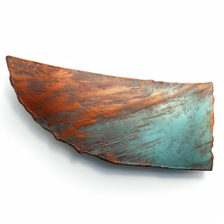 a piece of copper and colored clay is placed on a white surface, showcasing the style of patinated and oxidized, digitally enhanced, elongated forms. the combination of bronze and azure hues creates a captivating contrast. the extreme angle of the photograph adds a unique perspective to this archaeological object, highlighting its detailed ship sails. ai generatedの素材
