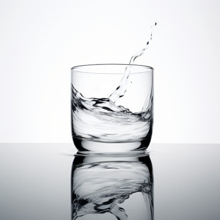 a photo of liquid in a glass with splashing water on a reflective surface. the minimalist line work, captured with the carl zeiss distagon t 15mm f/2.8 ze lens, showcases a streamlined design. against a white background, the image exudes understated sophistication with its light black and gray tones. ai generatedの素材