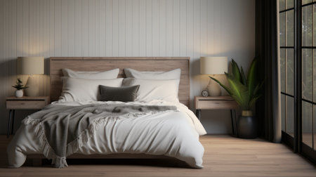 a light wood headboard is beautifully complemented by softer shades of grey and white in this photorealistic representation. the uhd image captures an atmospheric ambience, showcasing a cabincore aesthetic with earth tones. the industrial and clean-lined elements add a modern touch to the overall design. ai generatedの素材