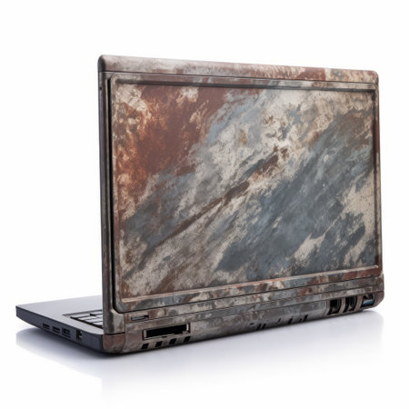 a laptop with damaged scratches and old paint is closed on its side. the design features earth tones, bold structural elements, and a touch of british topographical influence. the style can be described as heistcore, handheld, with stone and chrome-plated accents. ai generatedの素材
