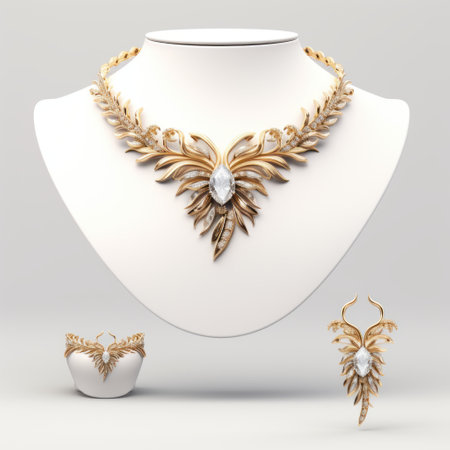 a gold leaf set of earrings, featuring a realistic and detailed rendering. these fashionable opulent earrings, with their dark white hue, are a true contest winner. the luminous 3d objects, viewed from a birds-eye perspective, showcase bold curves that add a touch of elegance to any outfit. ai generatedの素材
