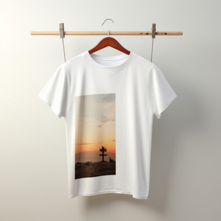 a white t-shirt featuring a small silhouette of an old cross, inspired by the photo-realistic landscapes of makoto shinkai. the design is in light orange and light bronze, giving it a matte photo effect. this traditional vietnamese-inspired shirt also incorporates elements of wimmelbilder and tivadar csontvry kosztka's art. ai generatedの素材