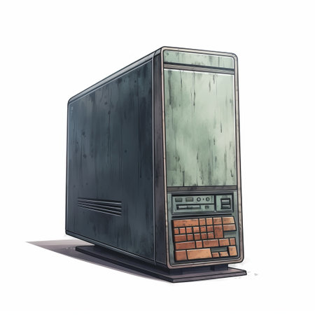 an old computer with broken screens and keyboard, featuring a colored cartoon style reminiscent of ian mcque's artwork. the realistic watercolors add a unique touch to the slender design, while the use of earth tones creates a confessional atmosphere. this 2d game art piece showcases a vintage computer with a distinct artistic flair. ai generatedの素材
