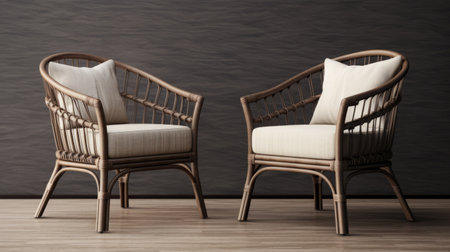 two wooden rattan armchairs are placed in a realistic and hyper-detailed wooden setting. this 32k uhd photograph showcases the curvilinear design of the armchairs, inspired by the style of masaccio. the use of ferrania p30 film by pierre-mony chan enhances the gray and brown tones, adding depth and texture to the image. ai generatedの素材