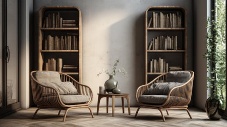three wicker chairs are elegantly arranged in a bookcase, surrounded by two windows. this stunning photo showcases the luxurious and classical style of vray tracing. the bentwood chairs, concrete bookcase, and solarizing master technique create an atmosphere of atmospheric serenity. ai generatedの素材
