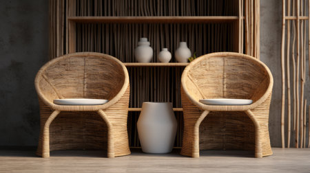 the chairs jw rattan in white and black colors are showcased in this 3d photo. the image captures the essence of realistic still lifes with dramatic lighting, showcasing their organic architecture and african influence. the rustic textures, light beige, and orange tones add to the naturalistic rendering. the shallow depth of field enhances the visual appeal of the chairs. ai generatedの素材