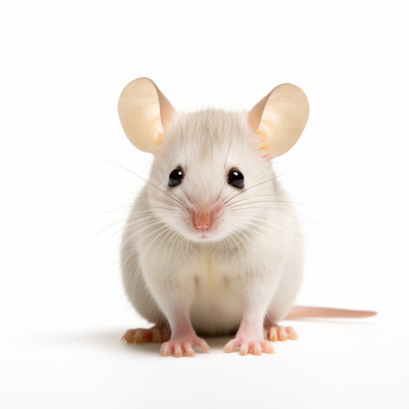 white mouse with expressive body language looking off screen. the photo is in the style of detailed scientific subjects, with sparse use of color. it showcases elements of petcore, staining, and has a light pink and amber color palette. the image also exhibits influences from precisionism. ai generatedの素材