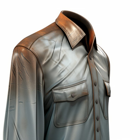 a 3d male shirt made of liquid metal, featuring a combination of light gray and dark brown colors. this realistic design showcases meticulous attention to detail, with intricate sketching and a high dynamic range (hdr) effect. the shirt is beautifully rendered in light indigo and light bronze shades, creating a striking hard edge painter aesthetic. ai generatedの素材