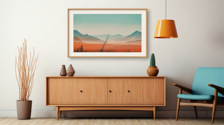mountains and desert blend harmoniously in this serene and peaceful scene. the dark orange and light aquamarine hues create a midcentury modern aesthetic, while the 8k resolution captures every detail. the bentwood framing adds a touch of nostalgic charm, enveloping viewers in a tranquil ambiance. ai generatedの素材
