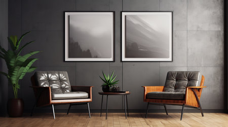 two black and grey chairs are placed in an empty room, showcasing a unique blend of realistic landscapes and contemporary diy style. the chairs are surrounded by soft, tonal colors, resembling mountainous vistas. the composition features layered images and precisionist lines, creating an atmospheric ambiance. ai generatedの素材