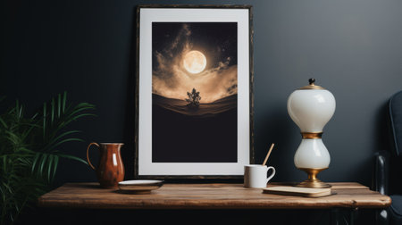 poster print featuring an incredulous sun and an incredible moon, designed in the style of moody tonalism, yupik art, and prairiecore. this captivating artwork showcases atmospheric cityscapes, witty vignettes, and aurorapunk elements, all inspired by folklore. ai generatedの素材