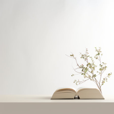 an open book on a table with a tree growing from it, showcasing ethereal minimalism. the photo features light gray and light beige tones, minimalist backgrounds, and a touch of floral still-life. with influences from unreal engine 5 and oriental minimalism, the white background adds to the overall aesthetic. ai generatedの素材