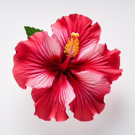 a red hibiscus flower stands out against a clean white background. the vibrant petals showcase a beautiful blend of light pink and light crimson hues. captured with a medium format lens, the image highlights bold chromaticity and intricate details, such as the bloomcore. the technique of focus stacking enhances the overall clarity, while the composition exudes a mote kei aesthetic with a touch of tropicalの素材