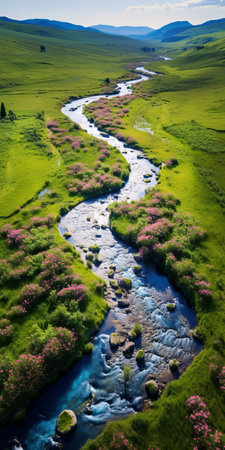 a river meandering through the majestic mountains, captured in the mzhw009dm photograph. this birds-eye-view image showcases the organic simplicity of the pink and green landscape. with its high dynamic range, the serene pastoral scene is adorned with flower and nature motifs, creating a picturesque setting. ai generatedの素材