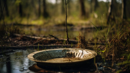a small trash can is seen next to a muddy swamp in sully county, ohio, tennessee. captured with the zeiss batis 18mm f2.8 lens, the photo showcases the everyday life in this area. the image is characterized by elements of absinthe culture, dark gold and silver tones, mushroomcore aesthetics, kintsugi influence, and hints of bronze casting. ai generatedの素材