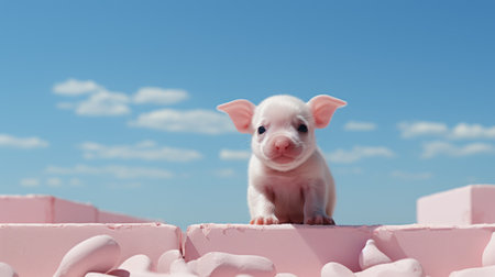 small pig standing on a pink wall, against a backdrop of realistic blue skies. this whimsical image captures the essence of playful innocence. the pig's vibrant pink color contrasts beautifully with the serene blue background. the artwork draws inspiration from artists like mike campau, jake wood-evans, and moebius, showcasing explosive pigmentation. a delightful blend of creativity and caninecore aesthetics. ai generatedの素材