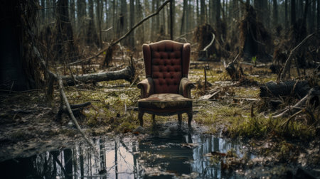 an old empty chair sits in the middle of a puddle in the woods, capturing the essence of southern gothic-inspired aesthetics. the image portrays trapped emotions through its lush and detailed composition, evoking a cinematic mood. with elements of roguecore and vignetting, this photograph reflects the impact of the anthropocene era on nature. ai generatedの素材