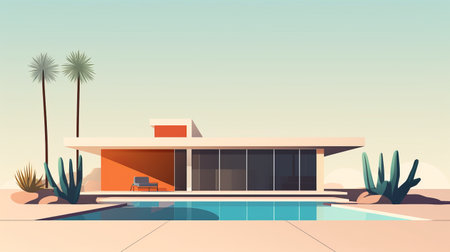 a modern house and pool with palm trees are depicted in this cartoon illustration. the design is done in a style that combines dark orange and light amber colors, showcasing abstract minimalism. this artwork appeals to those who appreciate bauhaus photography, midcentury modern aesthetics, animated gifs, detailed world-building, and revived historic art forms. ai generatedの素材