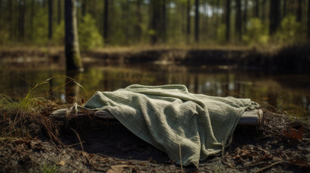 a blanket draped over a log near a serene forest pond. the blanket features a soothing combination of light green and beige hues, creating a calming ambiance. the image captures a sense of unsettling emptiness, enhanced by the use of vray tracing and the vintage minolta hi-matic 7sii camera. the fabric's rough texture adds depth to the composition. inspired by the style of kurzgesagt. aiの素材