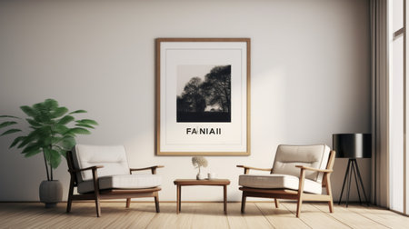 the room features chairs and a minimalist black and white framed portrait of a tree. the portrait is inspired by the styles of typography and minimalist art. the room also includes elements from various artists such as pentax espio mini, frank holl, rinat voligamsi, fan ho, and nature-inspired imagery. ai generatedの素材