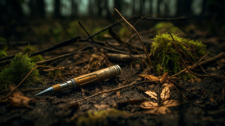 weapon resting on moss and leaves, captured with the carl zeiss distagon t 15mm f/2.8 ze lens. this atmospheric portrait showcases a blend of earth tones, reminiscent of the dutch golden age. the post-graffiti influence adds a unique touch to the moody and atmospheric forestpunk landscape. ai generatedの素材