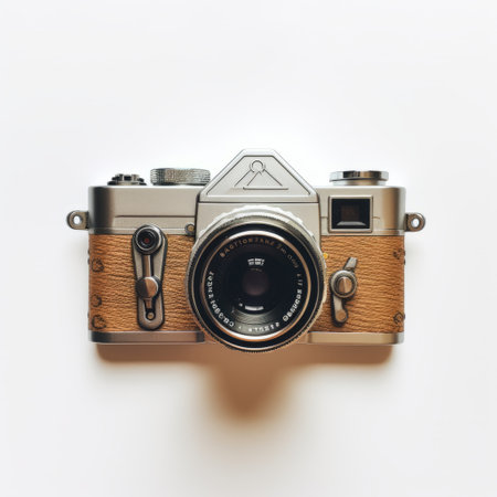 a wooden camera, resembling a nikon fm2, is showcased on a clean white background. the camera's light brown and silver color scheme, reminiscent of cross-processing, adds a unique touch. this camera represents the art of webcam photography, with its colorized appearance capturing the essence of online culture. crafted with eco-friendly materials, it showcases the beauty of sustainable craftsmanship. ai generatedの素材