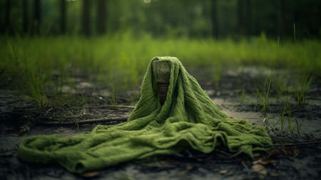 a green tree in a forest, covered in cloth, stands as the subject of this realistic and emotive portrait. the still life focus captures the essence of the tree, while the shallow depth of field adds depth to the composition. this photo, in the style of bill gekas, showcases an urban exploration theme with its eerie and photo-realistic elements. ai generatedの素材