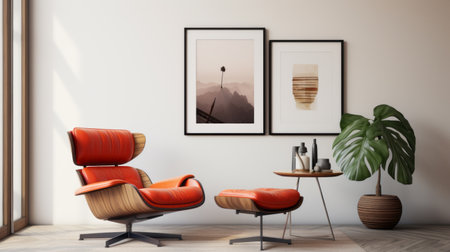 a living room featuring a red lounge chair, designed in the style of realistic landscapes with soft, tonal colors. the room is adorned with graphic design poster art, showcasing light orange and dark brown hues. the photo captures the essence of mountainous vistas with high quality precisionist lines, beautifully crafted by samuel silva. ai generatedの素材